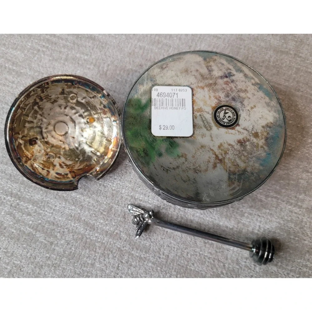 Godinger Art Beehive Honey Pot w/ Lid & Bee Honey Dipper Silver Plate Complete
